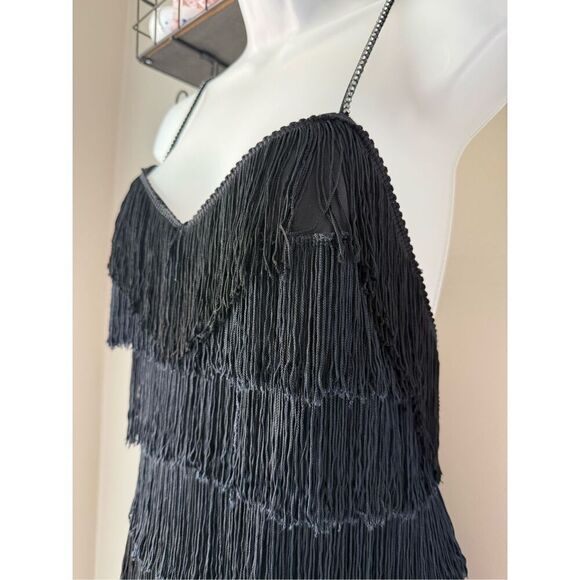 Vintage Inspired Black Fringe Maxi evening Gown With Rhinestone Straps - Picture 4 of 12